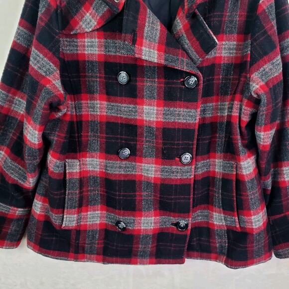 Vtg Woolrich Plaid Double Breast Pea Coat Jacket Womens Large Black Red Button - Picture 3 of 15
